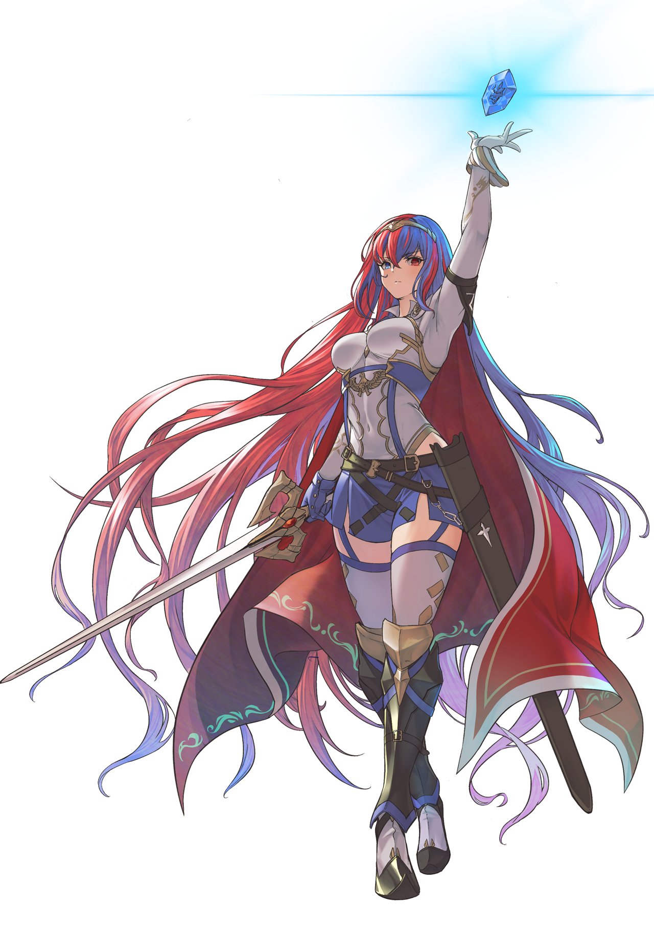 1girl alba armor blue_eyes blue_hair breasts cape dragonstone fire_emblem full_body gloves highres holding holding_sword holding_weapon long_hair looking_at_viewer multicolored_hair red_eyes red_hair scabbard sheath solo sword thigh_strap thighs tiara two-tone_hair very_long_hair weapon
