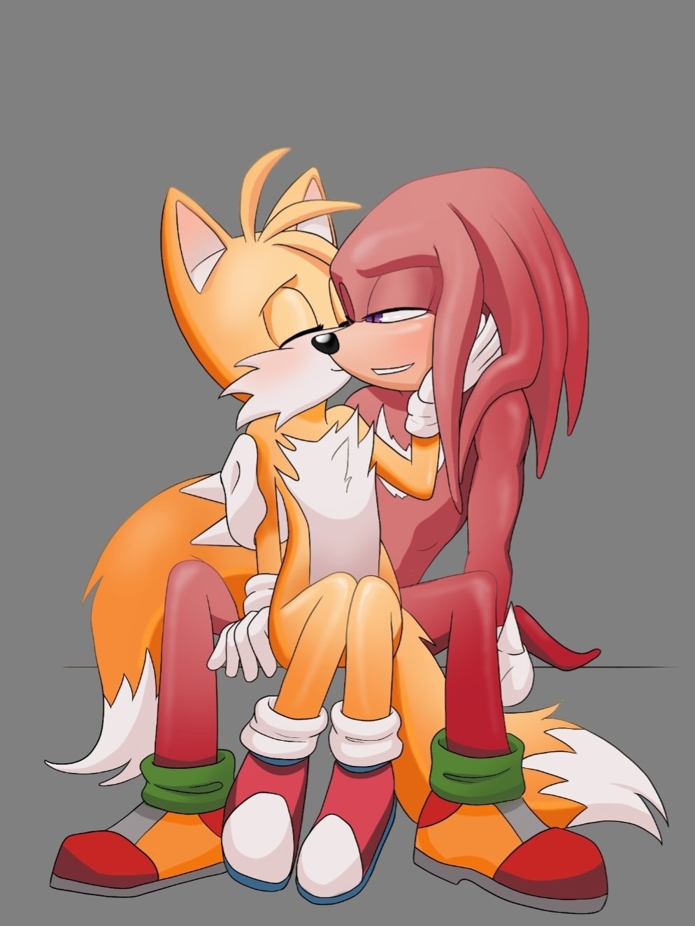 anthro canid canine clothing duo echidna eyes_closed footwear fox hi_res jenkristo kissing knuckles_the_echidna male male/male mammal miles_prower monotreme sega shoes sitting sitting_between_legs sonic_the_hedgehog_(series)