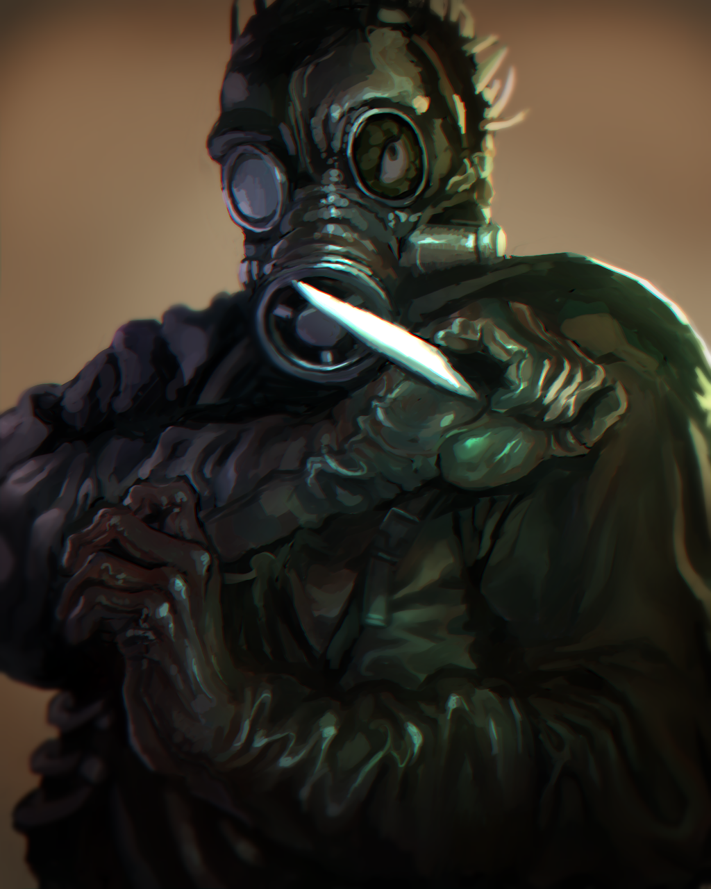 1boy brown_background caiman_(dorohedoro) dorohedoro fighting_stance gas_mask gloves highres holding holding_knife holding_weapon knife lizardman long_sleeves looking_at_viewer male_focus mask solo spikes unc upper_body weapon