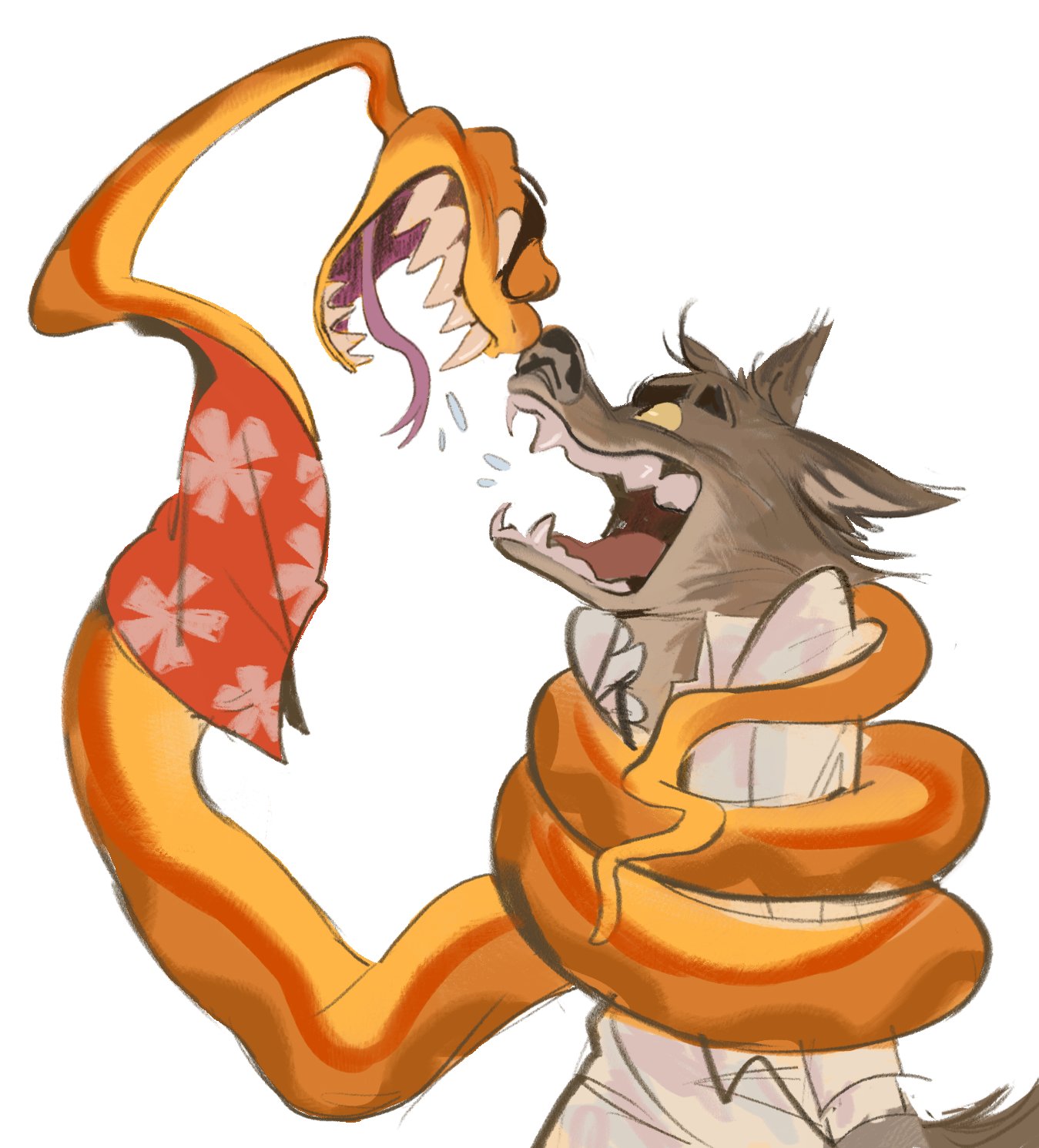 aloha_shirt angry anthro argument bodily_fluids clothing dreamworks duo feral fur hi_res male mr._snake_(the_bad_guys) mr._wolf_(the_bad_guys) pattern_clothing pattern_shirt pattern_topwear saliva scales shirt simple_background snarling the_bad_guys tongue tongue_out topwear wrapped_up zoetheduck