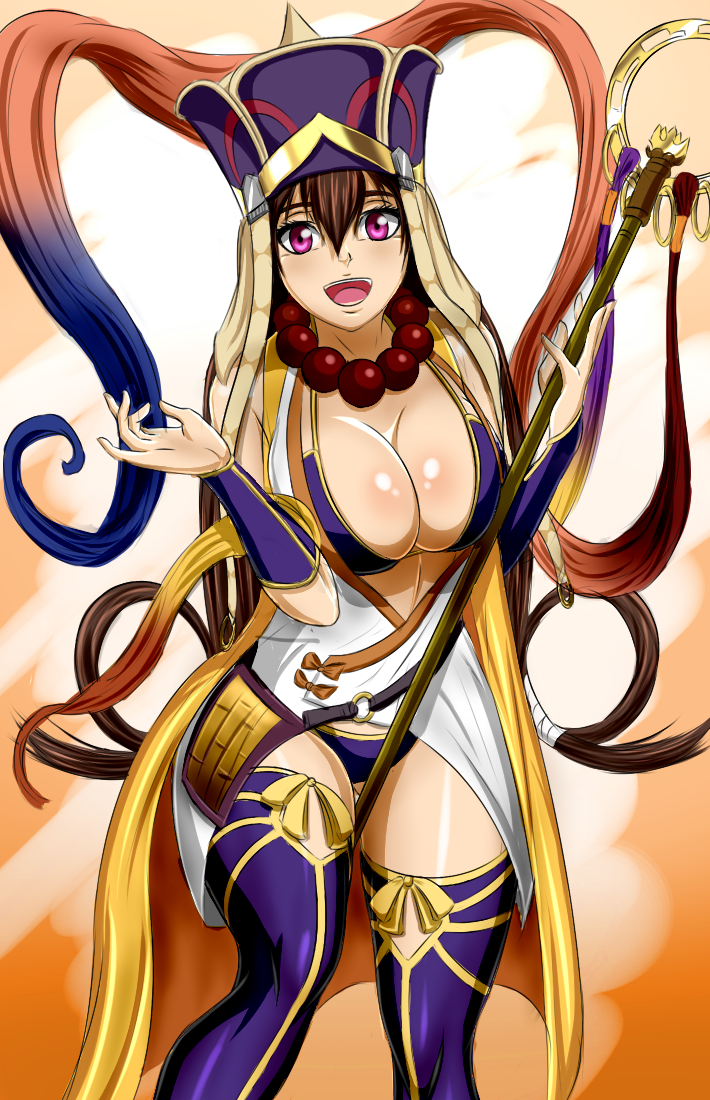 1girl bangs bare_shoulders bead_necklace beads bikini blush breasts bridal_gauntlets cleavage fate/grand_order fate_(series) gourd hair_between_eyes hands_together hat headdress japanese_clothes jewelry kimono large_breasts long_hair looking_at_viewer low-tied_long_hair necklace open_mouth purple_bikini purple_eyes purple_legwear short_kimono sleeveless sleeveless_kimono solo swimsuit thighhighs thighs very_long_hair vest white_kimono xuanzang_(fate/grand_order) yellow_vest zantyarz