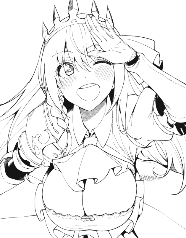 1girl amano_don bangs blush breasts cleavage gauntlets greyscale hand_over_face large_breasts long_hair monochrome one_eye_closed open_mouth pecorine princess_connect!_re:dive tiara ub