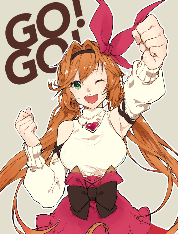 1girl alternate_costume arm_up armpits bare_shoulders black_bow bow breasts clarisse_(granblue_fantasy) detached_sleeves granblue_fantasy green_eyes hair_bow hairband high-waist_skirt kaitara_deru long_hair low_twintails medium_breasts one_eye_closed open_mouth orange_hair red_bow skirt twintails