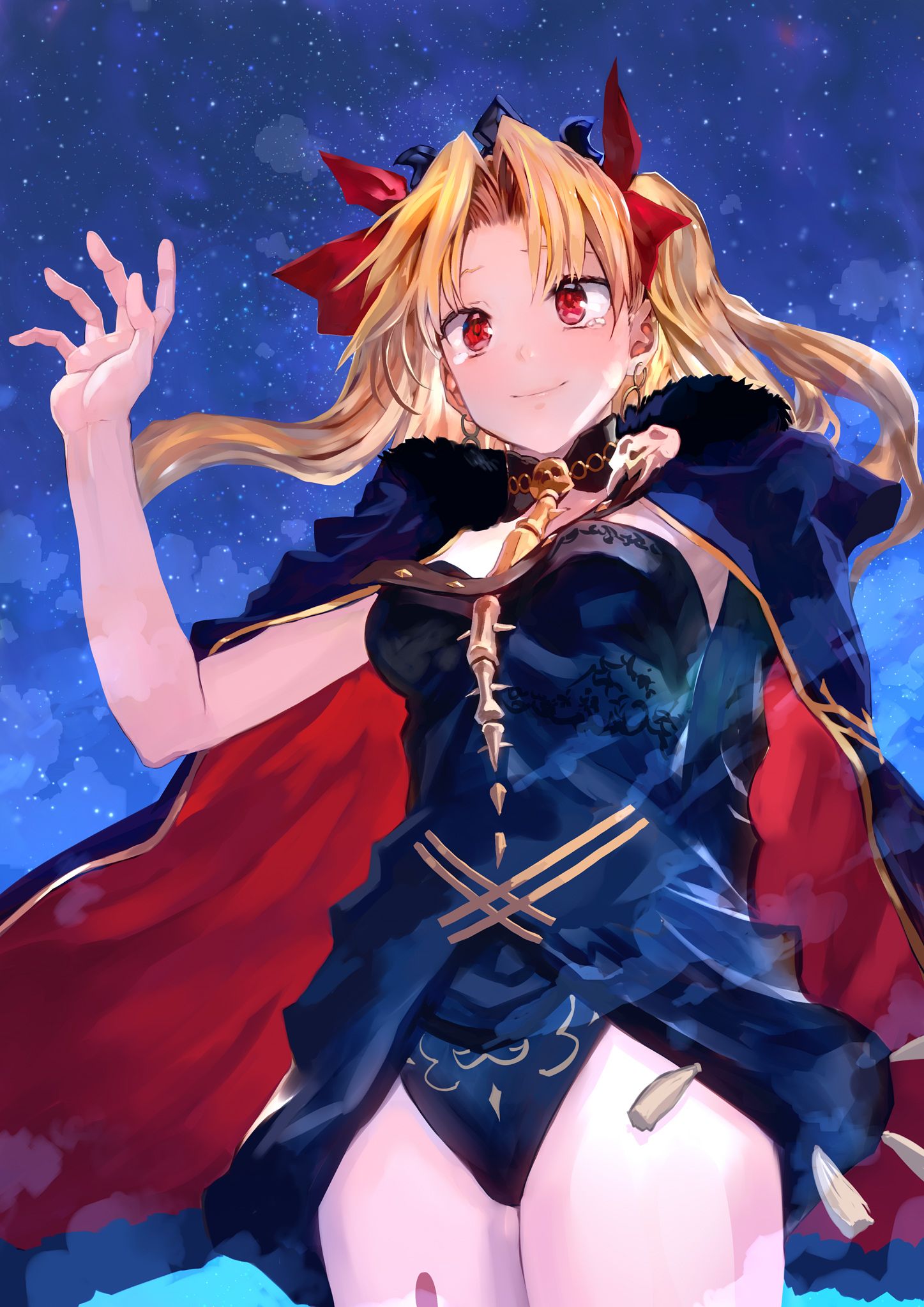 1girl arm_behind_back bangs black_cape blonde_hair bob_(biyonbiyon) cape commentary_request cowboy_shot crying crying_with_eyes_open earrings ereshkigal_(fate/grand_order) fate/grand_order fate_(series) fur-trimmed_cape fur_trim hair_ribbon highres jewelry long_hair looking_away multicolored multicolored_cape multicolored_clothes night parted_bangs red_cape red_eyes ribbon sky smile solo spine star_(sky) starry_sky tears two_side_up