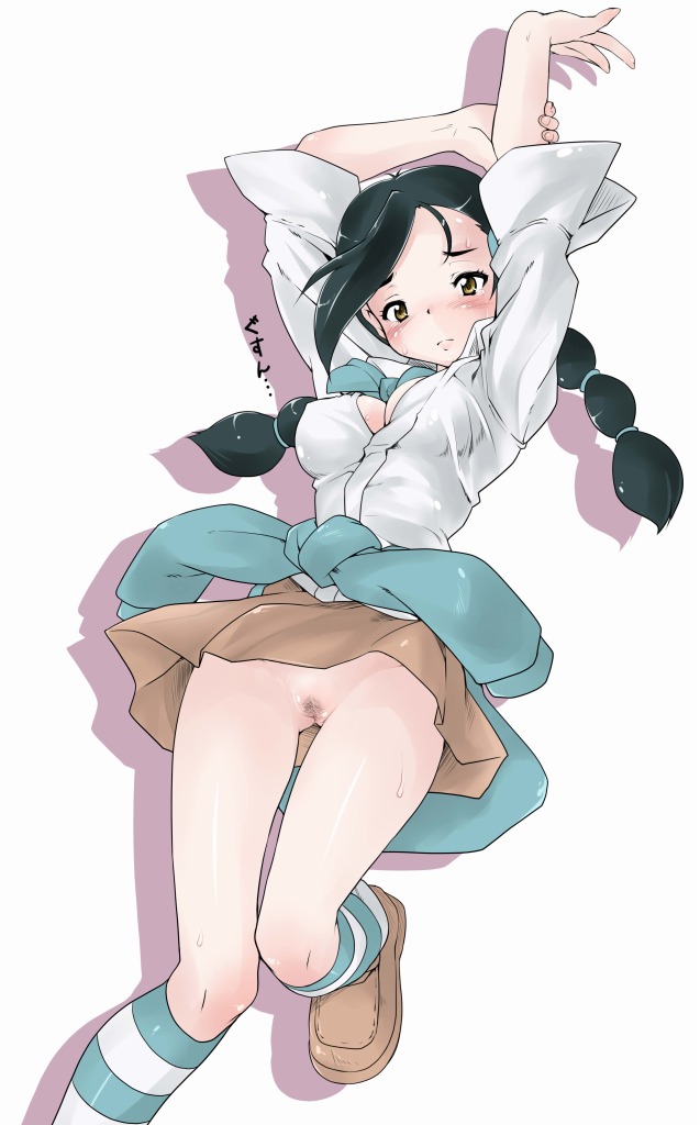 1girl bad_id bad_pixiv_id black_hair blush candice_(pokemon) clothes_around_waist endou_masatoshi female_pubic_hair kneehighs long_hair loose_socks multi-tied_hair no_panties open_clothes open_shirt pleated_skirt pokemon pokemon_dppt pubic_hair pussy shirt simple_background skirt socks solo striped_clothes striped_socks sweat sweater sweater_around_waist twintails uncensored upskirt white_background yellow_eyes