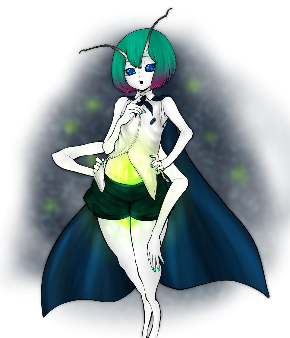1girl alternate_hair_color arthropod_girl bangs blue_nails blue_sclera breasts bug collared_shirt colored_sclera colored_skin extra_arms firefly full_body glowing gradient_hair green_hair green_shorts hand_on_hop miazuma_sarin midriff multicolored_hair no_pupils open_mouth pink_hair shirt short_hair shorts sleeveless sleeveless_shirt small_breasts solo third-party_source touhou white_shirt white_skin wriggle_nightbug