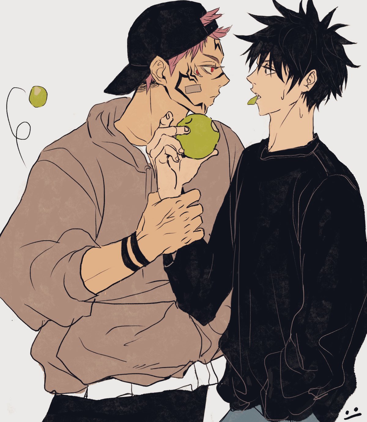 2boys apple apple_peel arm_tattoo backwards_hat baseball_cap bitten_apple black_hair black_headwear black_pants black_shirt blue_pants brown_hoodie closed_mouth extra_eyes facial_tattoo food food_bite fruit fushiguro_megumi hand_in_pocket hat highres holding holding_another's_wrist holding_food holding_fruit hood hood_down hoodie jujutsu_kaisen kukig8765 long_sleeves looking_at_another male_focus mixed-language_commentary mouth_hold multiple_boys pants pink_hair profile red_eyes ryoumen_sukuna_(jujutsu_kaisen) shirt short_hair spiked_hair standing sweatdrop tattoo undercut white_shirt yaoi
