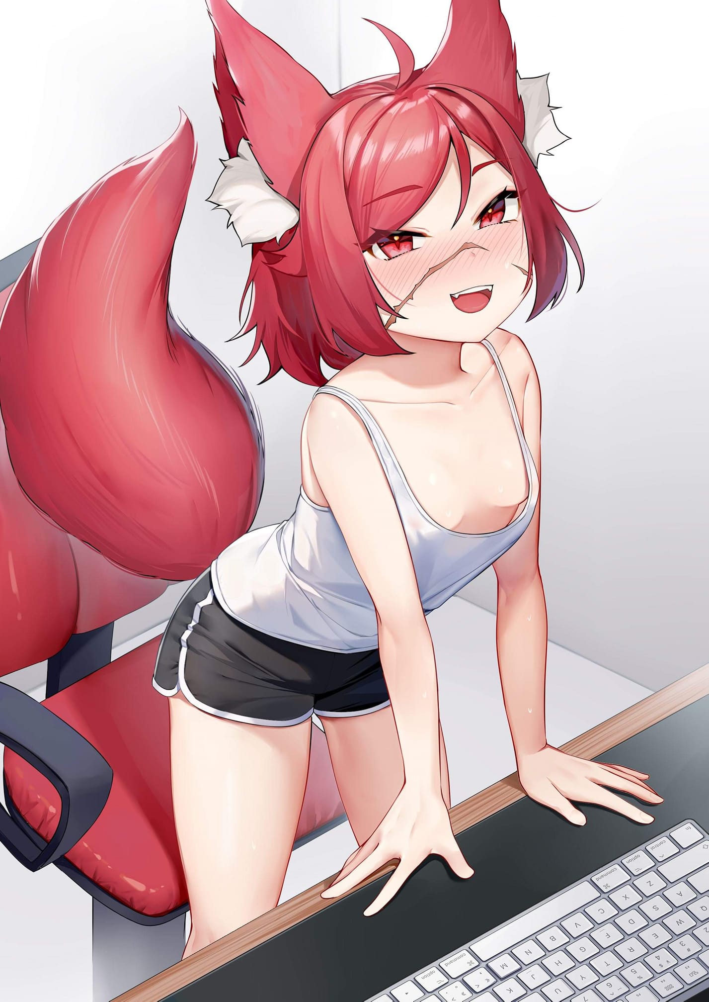 1girl animal_ear_fluff animal_ears bangs bare_shoulders black_shorts blush breasts breasts_apart chair collarbone dolphin_shorts fox_ears fox_girl fox_tail highres ihachisu keyboard_(computer) looking_at_viewer nose_blush original red_eyes red_hair scar scar_on_face short_hair shorts small_breasts solo standing table tail tank_top