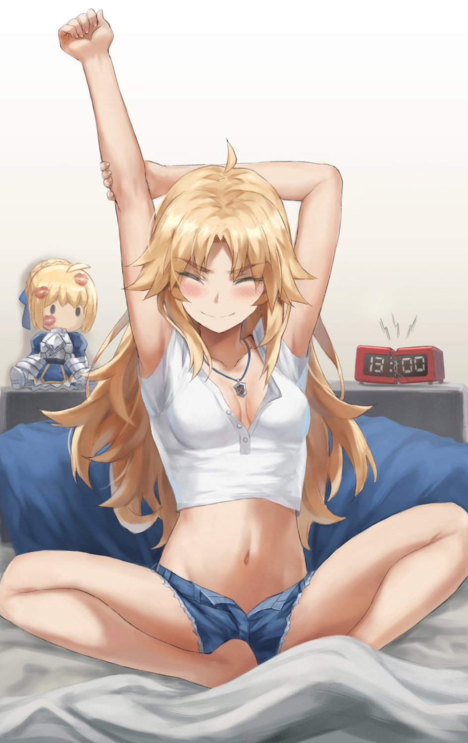 1girl arms_up artoria_pendragon_(fate) bangs blonde_hair blue_shorts breasts closed_eyes collarbone crop_top fate/apocrypha fate/stay_night fate_(series) highres jewelry long_hair midriff mordred_(fate) mordred_(fate/apocrypha) navel necklace parted_bangs saber shirt short_shorts short_sleeves shorts sidelocks sitting small_breasts solo stuffed_toy tonee white_shirt