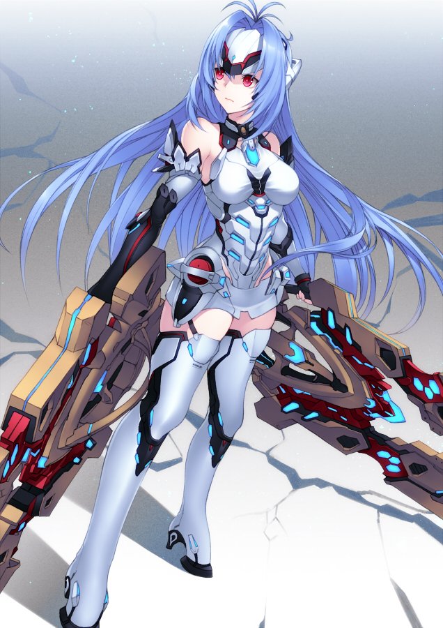 1girl android banned_artist bare_shoulders blue_hair breasts elbow_gloves expressionless forehead_protector full_body gloves kos-mos_re: kyoeiki leotard long_hair medium_breasts red_eyes simple_background solo standing thighhighs very_long_hair weapon white_leotard xenoblade_chronicles_(series) xenoblade_chronicles_2 xenosaga
