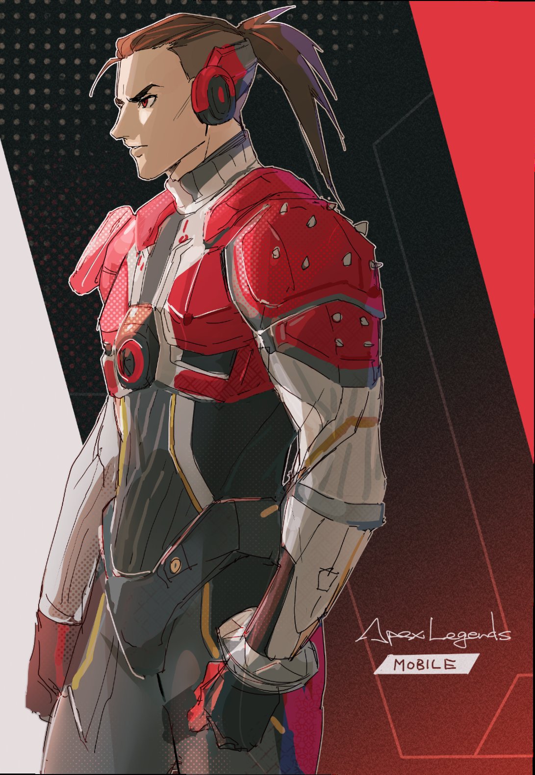 1boy apex_legends armor black_gloves bodysuit brown_hair clenched_hands copyright_name fade_(apex_legends) from_side gloves grey_bodysuit highres male_focus ponytail red_eyes shoulder_armor sketch solo thundergotch undercut v-shaped_eyebrows