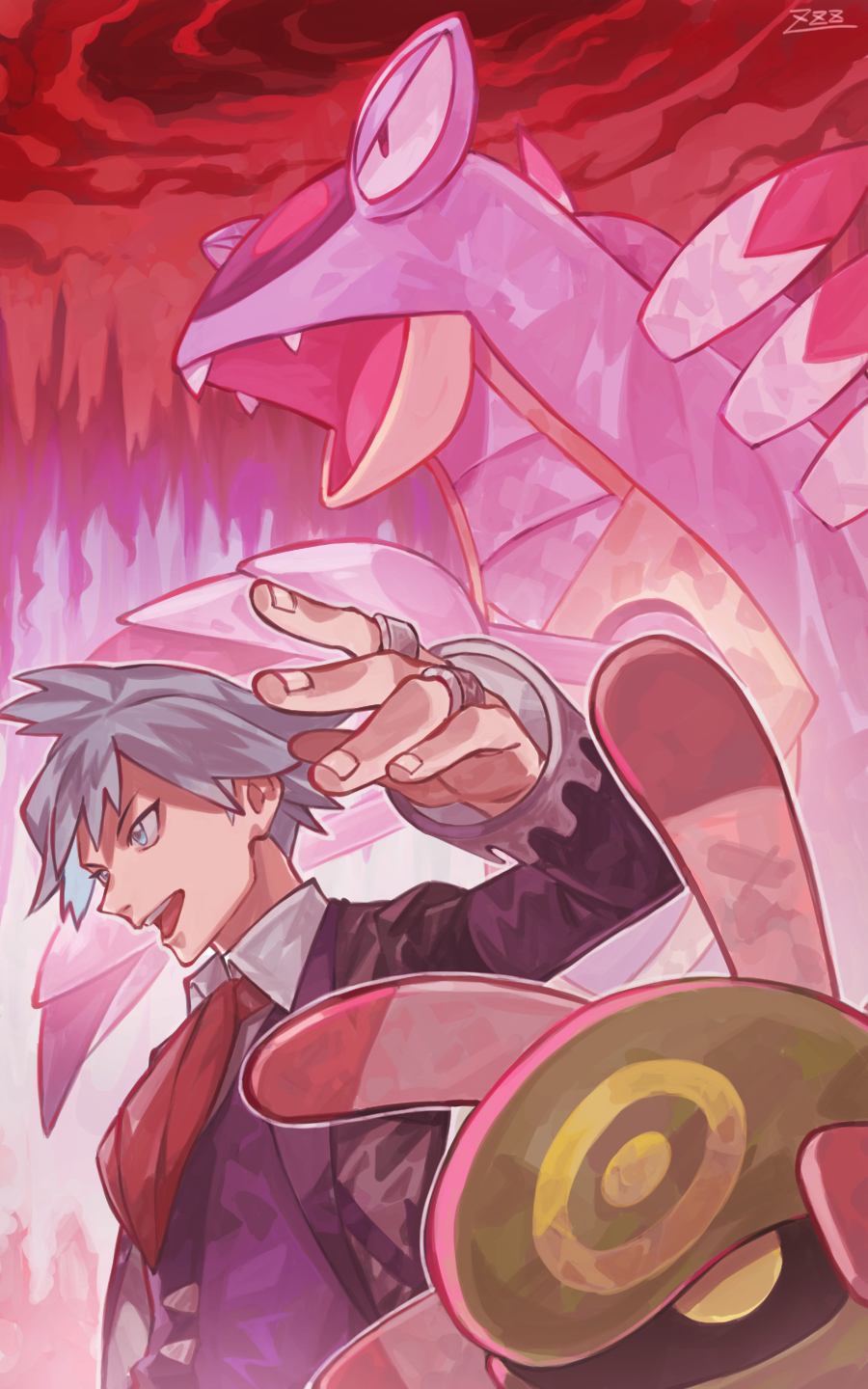 1boy :d armaldo blue_eyes collared_shirt commentary_request cradily grey_hair highres jacket jewelry long_sleeves male_focus necktie open_mouth oyasuminjyutsu pokemon pokemon_(creature) pokemon_(game) pokemon_oras purple_vest red_necktie ring shirt short_hair signature smile spiked_hair steven_stone teeth tongue upper_teeth vest white_shirt