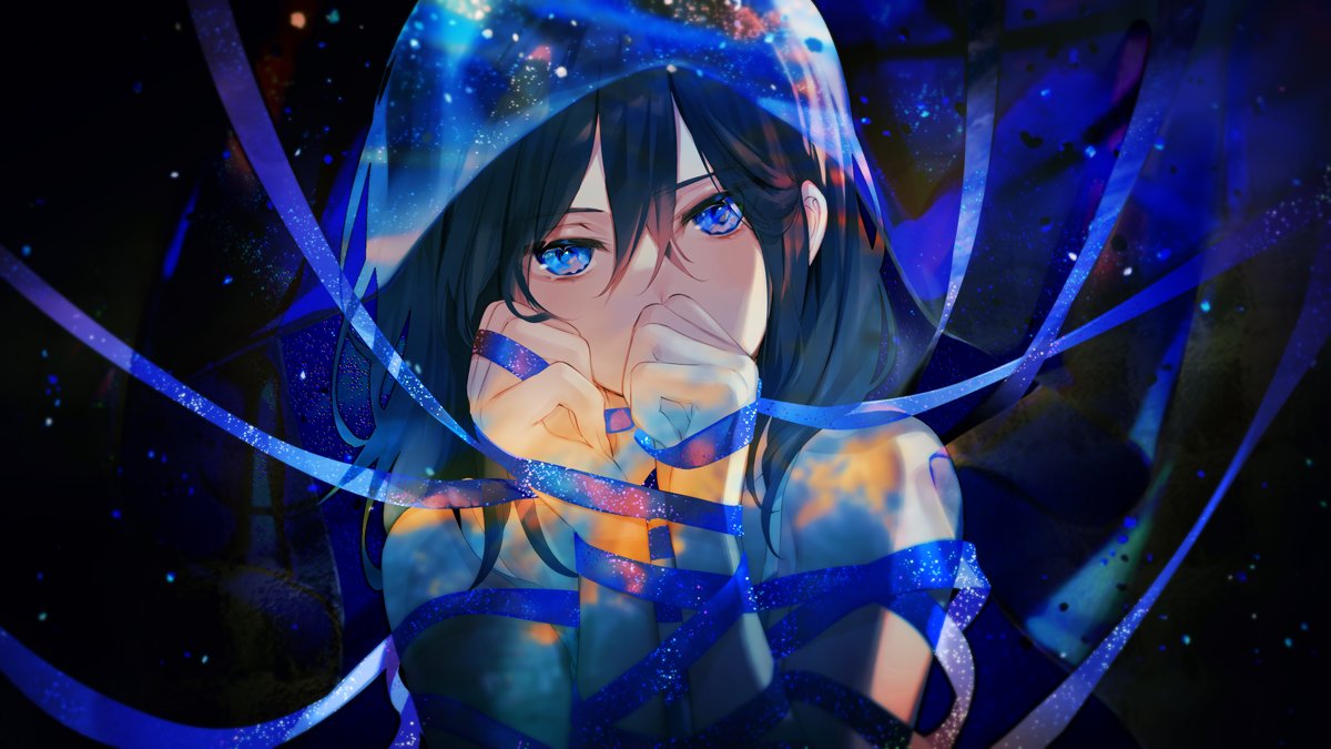 1girl achiki bare_shoulders black_hair blue_eyes blue_ribbon blue_theme covered_mouth covering_mouth entangled hair_between_eyes hand_over_own_mouth hands_up head_tilt light_particles long_sleeves looking_at_viewer medium_hair original ribbon sleeveless solo spaghetti_strap starry_sky_print upper_body veil