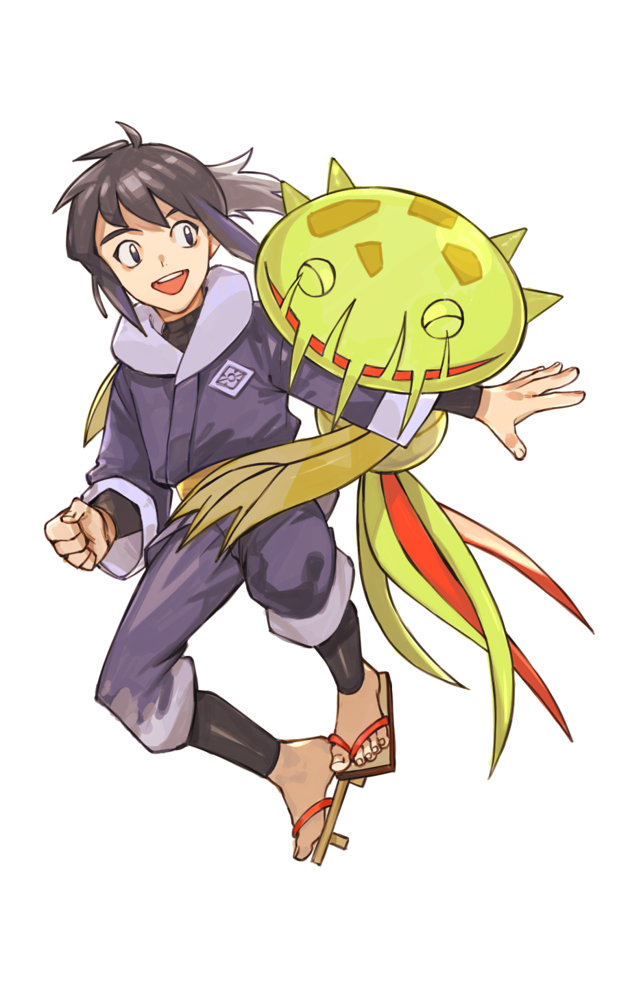 1boy :d bangs black_eyes carnivine clenched_hand commentary_request grey_jacket grey_pants highres jacket long_hair male_focus open_mouth oyasuminjyutsu pants pokemon pokemon_(creature) pokemon_(game) pokemon_legends:_arceus ponytail rei_(pokemon) sandals shirt smile teeth toes upper_teeth