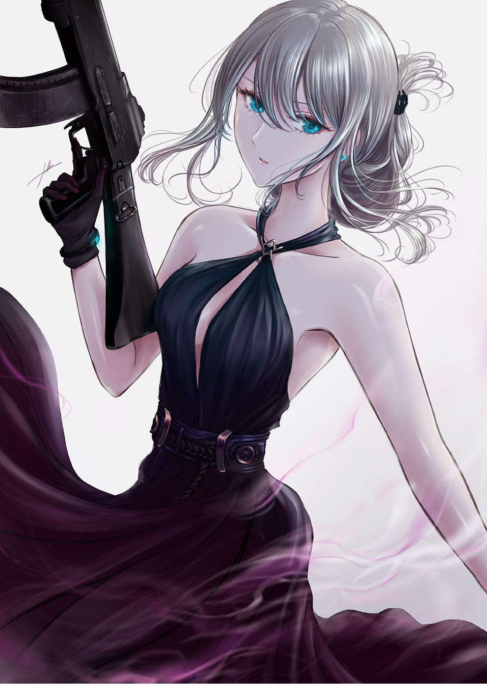 1girl alternate_hairstyle an-94 an-94_(girls'_frontline) an-94_(silent_rouge)_(girls'_frontline) assault_rifle bangs bare_shoulders black_dress black_gloves blue_eyes breasts closed_mouth collarbone dress earrings filha girls'_frontline gloves grey_hair gun hair_ornament highres holding holding_gun holding_weapon jewelry kalashnikov_rifle lips long_hair looking_at_viewer official_alternate_costume rifle small_breasts solo standing weapon white_background