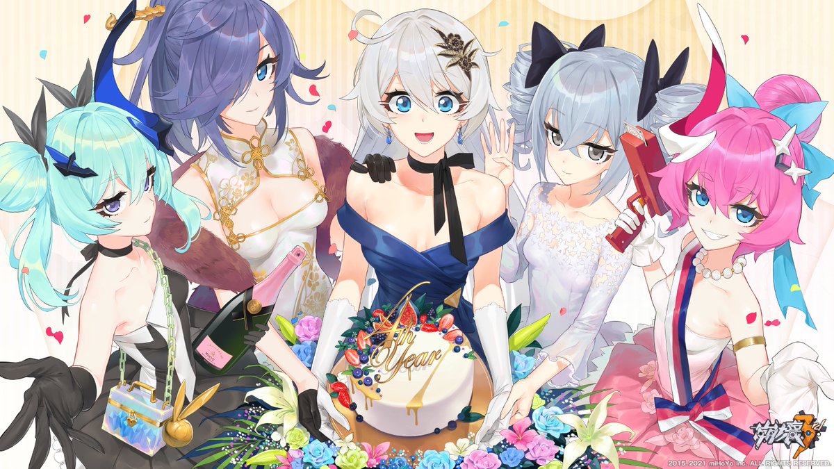 5girls :d ahoge armlet bag bangs bare_shoulders birthday_cake black_bow black_dress black_gloves black_ribbon blue_bow blue_dress blue_eyes blue_flower blue_horns bottle bow breasts bronya_zaychik brown_eyes cake cash_cannon chain choker cleavage closed_mouth collarbone commentary_request crossed_bangs curtains detached_sleeves double_bun dress dress_flower drill_hair earrings english_text flower food fu_hua fur_(clothing) fur_trim gloves green_flower grey_hair hair_between_eyes hair_bow hair_bun hair_flower hair_ornament hair_over_one_eye hairpin half_gloves hand_on_another's_shoulder hand_on_hand hand_up handbag holding holding_bottle holding_cake holding_food honkai_(series) honkai_impact_3rd horns jewelry kiana_kaslana ladic leaf light_blue_hair liliya_olenyeva logo long_hair looking_at_viewer medium_breasts medium_hair multicolored_horns multiple_girls necklace off-shoulder_dress off_shoulder official_art open_mouth outstretched_arm pearl_necklace petals pink_dress pink_flower pink_hair pink_horns plate purple_eyes purple_hair reaching_out ribbon ribbon_choker rozaliya_olenyeva siblings single_hair_bun single_horn sisters small_breasts smile standing striped_wall teeth twin_drills two-tone_background two-tone_dress wall watermark white_background white_curtains white_dress white_flower white_gloves white_hair white_horns wine_bottle yellow_background