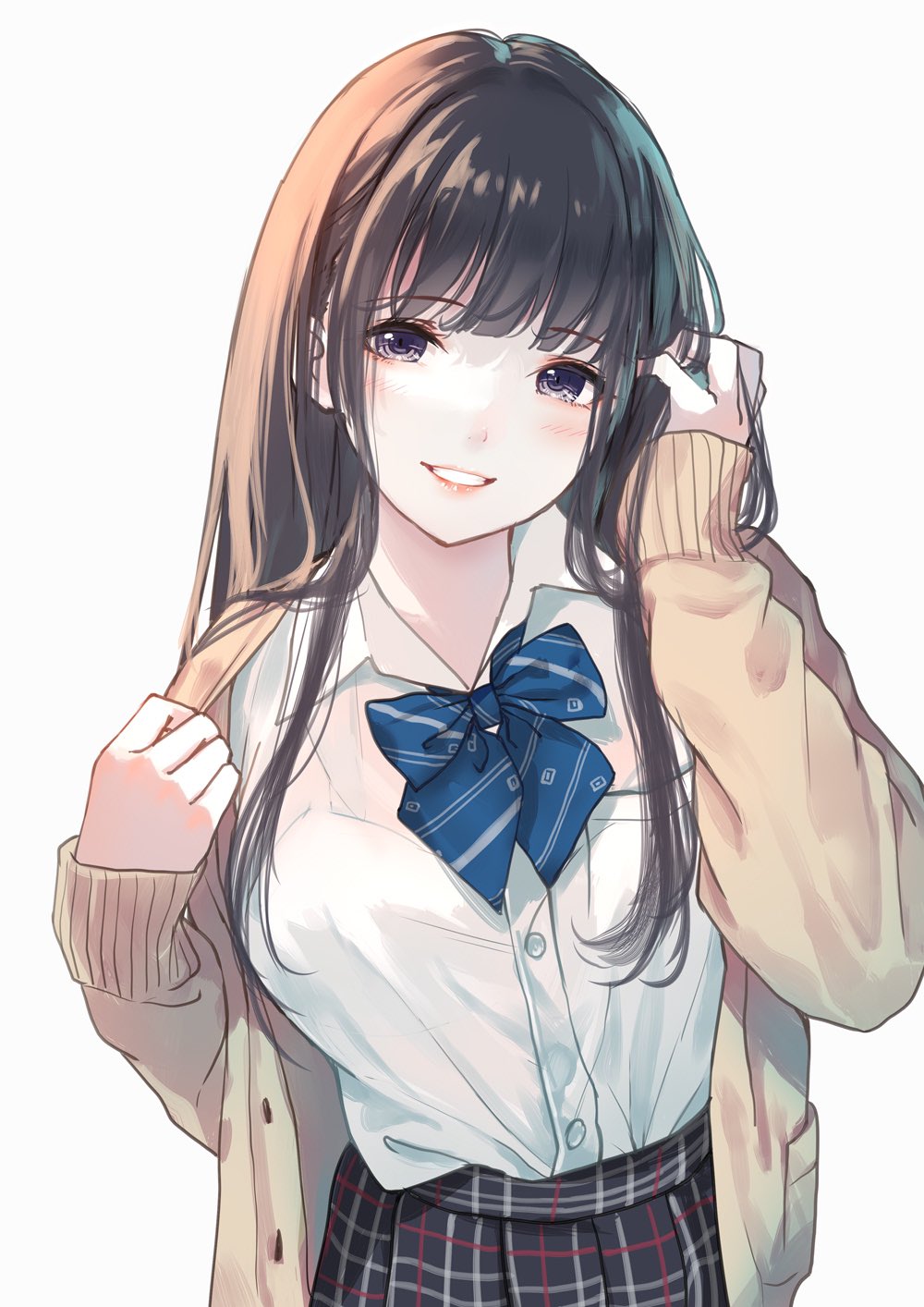 1girl bangs black_eyes black_skirt blazer blue_bow blush bow bowtie breast_pocket breasts brown_hair caidychen collared_shirt dress_shirt eyelashes grin hand_in_own_hair hand_up highres jacket large_breasts long_hair long_sleeves looking_at_viewer open_clothes open_collar open_jacket original pleated_skirt pocket school_uniform see-through see-through_shirt shiny shiny_hair shirt shirt_tucked_in simple_background skirt sleeves_past_wrists smile solo standing straight_hair swept_bangs symbol-only_commentary teeth upper_body white_background white_shirt wing_collar