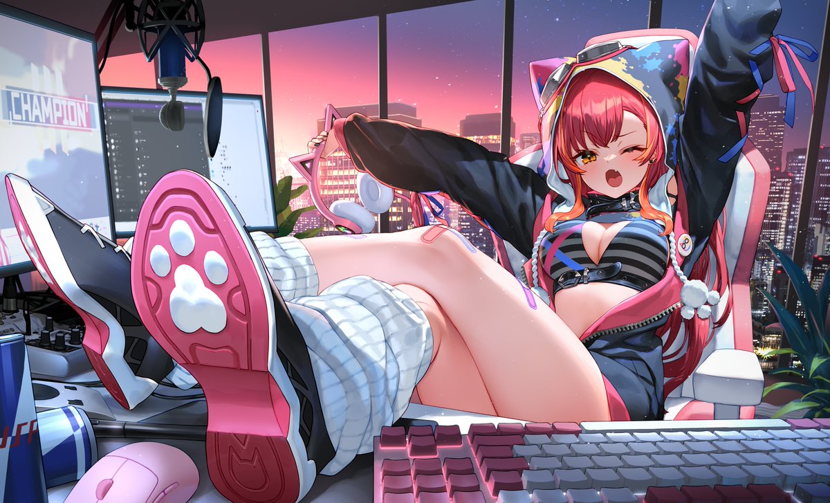 1girl animal_ear_headphones animal_hood apex_legends arm_up bandaid bandaid_on_knee bandaid_on_leg bangs belt black_bra black_footwear black_jacket blush bra breasts building chair cleavage collar crossed_legs discord fang feet_on_table hood hood_up hooded_jacket indoors izumi_sai jacket leg_warmers long_sleeves looking_at_viewer medium_breasts microphone monitor mouse_(computer) nekota_tsuna one_eye_closed open_clothes open_jacket open_mouth outstretched_arms pop_filter reclining red_bull red_hair second-party_source shoes skin_fang skyscraper sneakers solo soundboard underwear virtual_youtuber vspo! window yellow_eyes