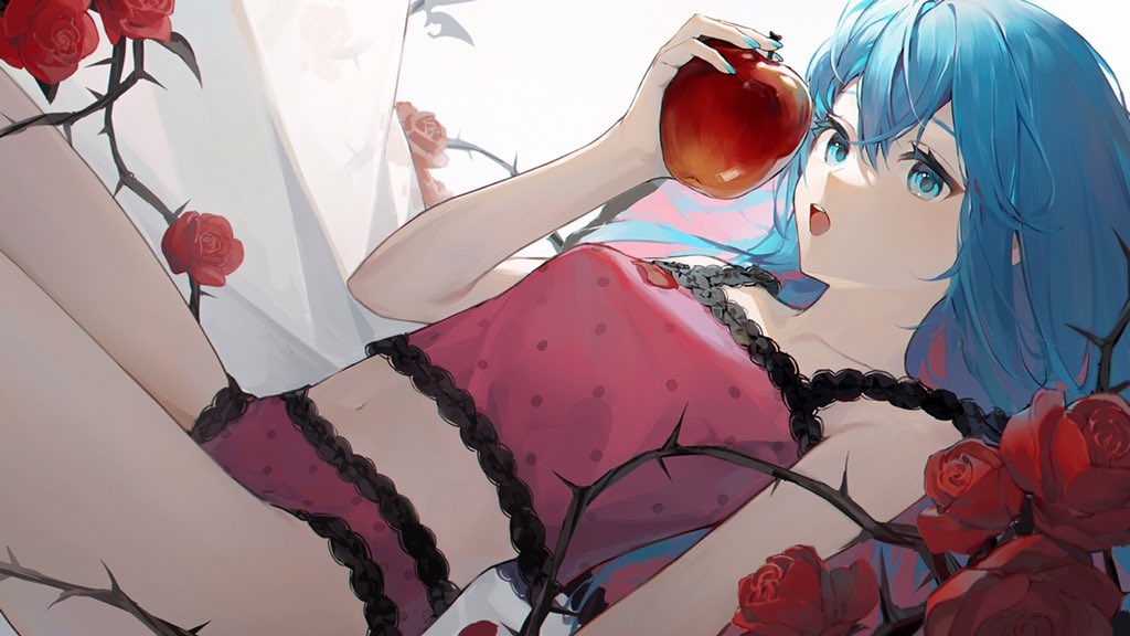 1girl apple bare_arms bare_shoulders blue_eyes blue_hair blue_nails breasts camisole collarbone commentary curtains flower food fruit hair_between_eyes hatsune_miku heridy holding holding_food holding_fruit long_hair looking_at_viewer lying nail_polish navel on_back panties pink_camisole pink_panties polka_dot polka_dot_camisole polka_dot_panties red_apple red_flower red_rose romeo_to_cinderella_(vocaloid) rose small_breasts solo symbol-only_commentary thorns underwear underwear_only vocaloid white_background