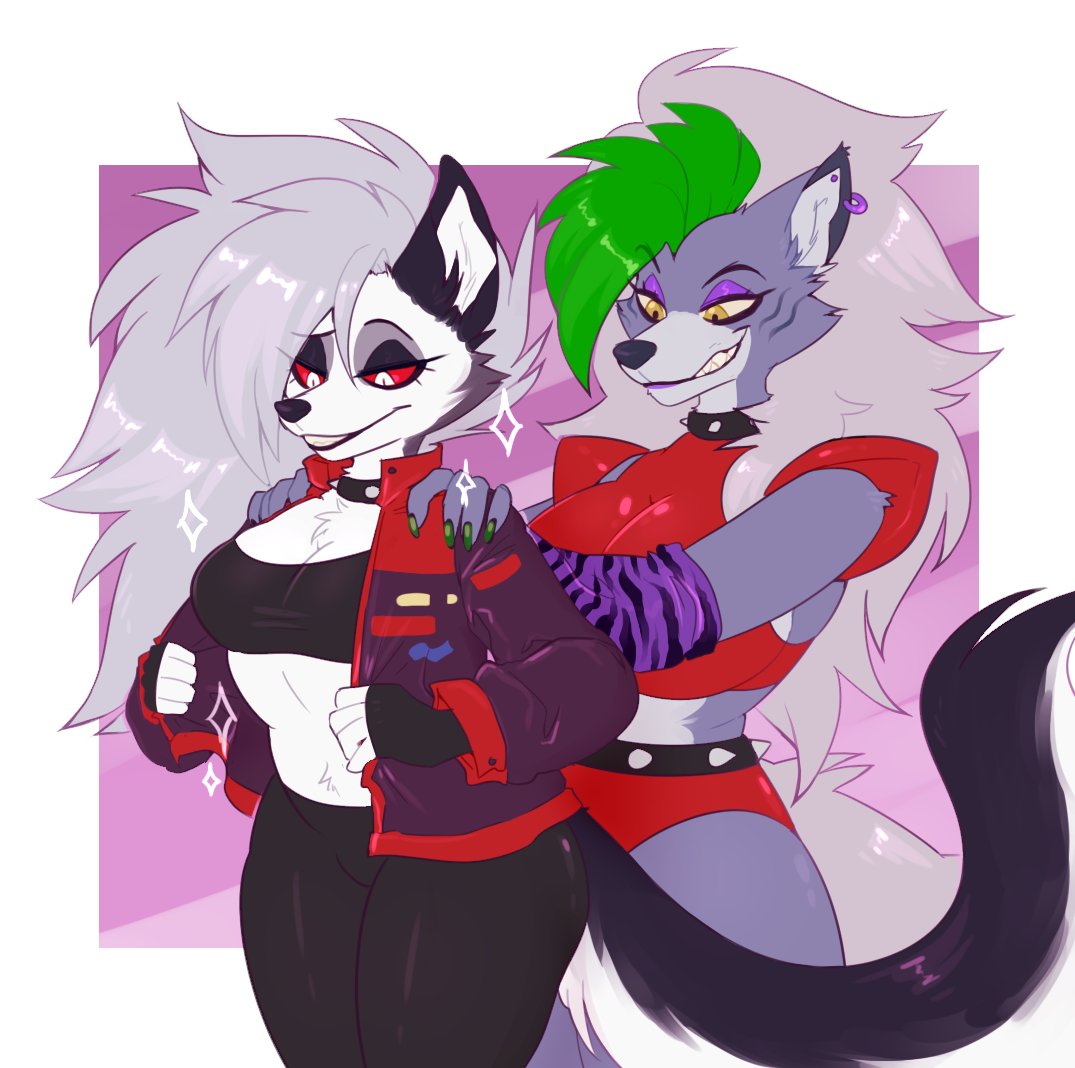 anthro arm_warmers armor armwear belt big_breasts black_eyelids black_lips breast_size_difference breasts canid canid_demon canine canis chest_tuft clothing collar crossover demon duo ear_piercing eyeshadow female five_nights_at_freddy's five_nights_at_freddy's:_security_breach green_hair hair halter_top hand_on_shoulder hellhound helluva_boss jacket lips lipstick long_hair loona_(helluva_boss) makeup mammal medium_breasts midriff pauldron piercing purple_eyeshadow purple_lipstick red_sclera roxanne_wolf_(fnaf) scottgames sharp_teeth smile sparkles spiked_belt spiked_collar spikes teeth topwear tube_top tuft video_games white_eyes white_hair wolf yellow_eyes zoecinno