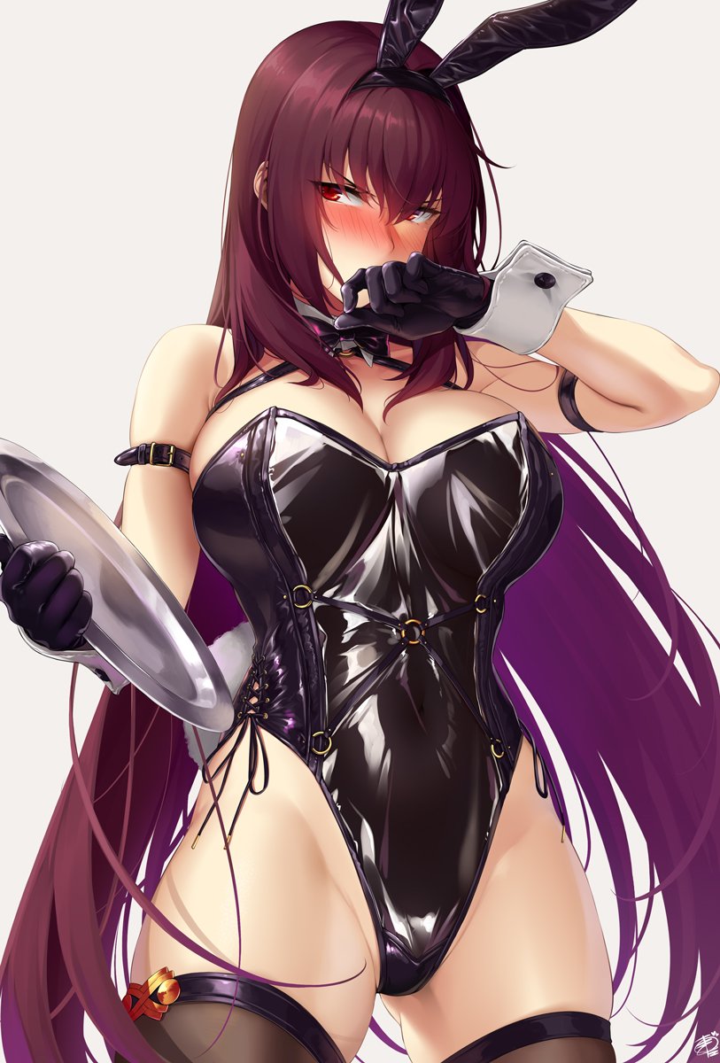 1girl animal_ears arm_strap black_gloves blush breasts commentary_request covered_mouth covered_navel fake_animal_ears fate/grand_order fate_(series) gloves hand_up highres holding holding_tray large_breasts leather leotard long_hair looking_to_the_side nose_blush o-ring okitakung playboy_bunny purple_hair rabbit_ears rabbit_tail red_eyes scathach_(fate) side-tie_leotard simple_background solo tail thighhighs tray v-shaped_eyebrows very_long_hair white_background wrist_cuffs