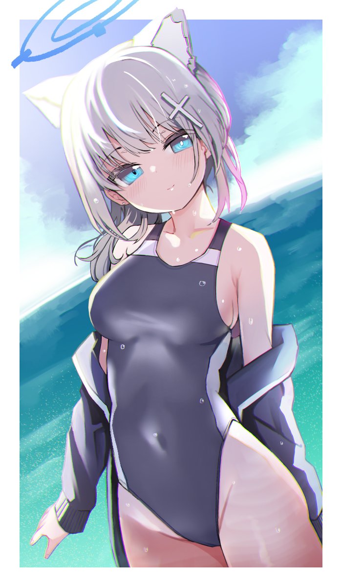 1girl animal_ear_fluff animal_ears bangs blue_archive blue_eyes blue_jacket breasts commentary_request competition_swimsuit covered_navel cowboy_shot cross_hair_ornament grey_hair grey_swimsuit hair_ornament halo highres izuoku jacket medium_breasts medium_hair mismatched_pupils one-piece_swimsuit shiroko_(blue_archive) shiroko_(swimsuit)_(blue_archive) solo standing swimsuit wet