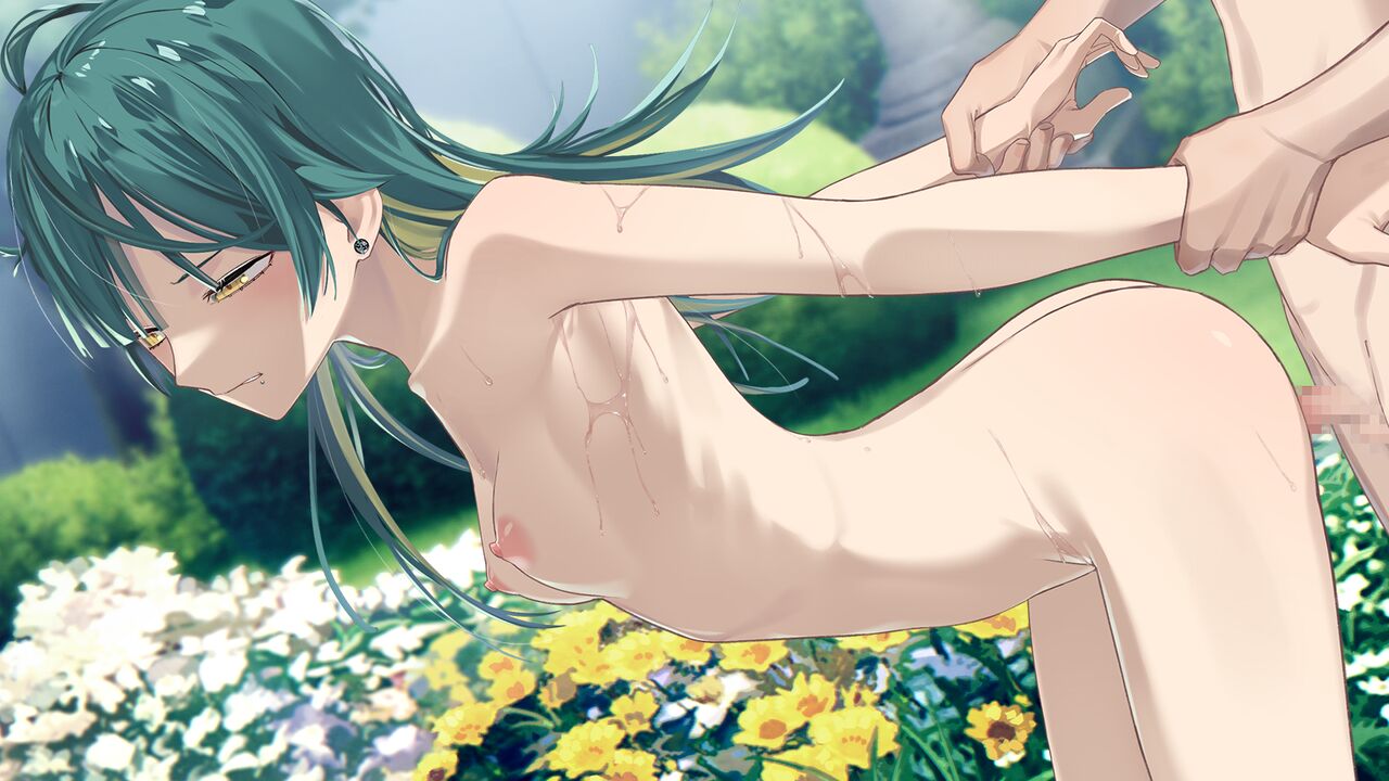 1boy 1girl blonde_hair breasts censored clenched_teeth completely_nude day earrings floating_hair flower from_side game_cg green_hair half-closed_eyes hatae_taeka hentai_prison hetero holding_another's_wrist ichitora jewelry long_hair mosaic_censoring multicolored_hair nipples non-web_source nude outdoors penis sex sex_from_behind shiny shiny_hair small_breasts standing standing_sex teeth two-tone_hair white_flower yellow_eyes yellow_flower