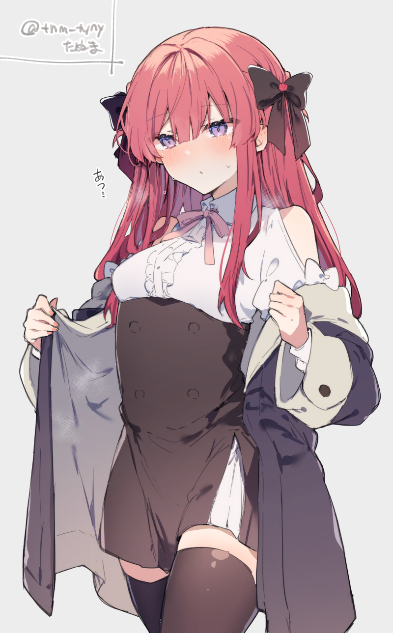 1girl anna_(ikeuchi_tanuma) black_coat black_legwear blush bow breasts brown_skirt buttons coat cowboy_shot double-breasted grey_background hair_bow highres ikeuchi_tanuma long_hair long_sleeves miniskirt neck_ribbon off_shoulder open_clothes open_coat original parted_lips pink_ribbon red_hair ribbon shirt simple_background skirt small_breasts solo standing sweat thighhighs twitter_username undressing white_shirt zettai_ryouiki
