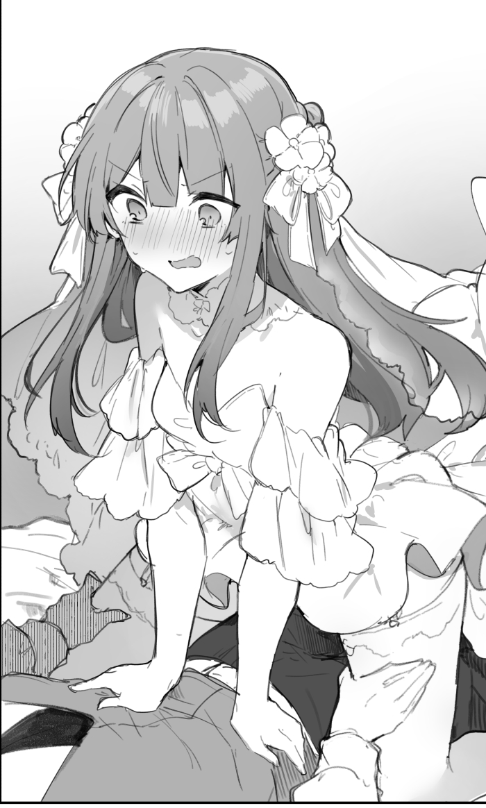 1boy 1girl anna_(ikeuchi_tanuma) bare_shoulders blush breasts detached_sleeves dress embarrassed flower girl_on_top greyscale hair_flower hair_ornament hetero ikeuchi_tanuma long_hair monochrome original short_sleeves small_breasts straddling thighhighs vest wedding_dress wide-eyed