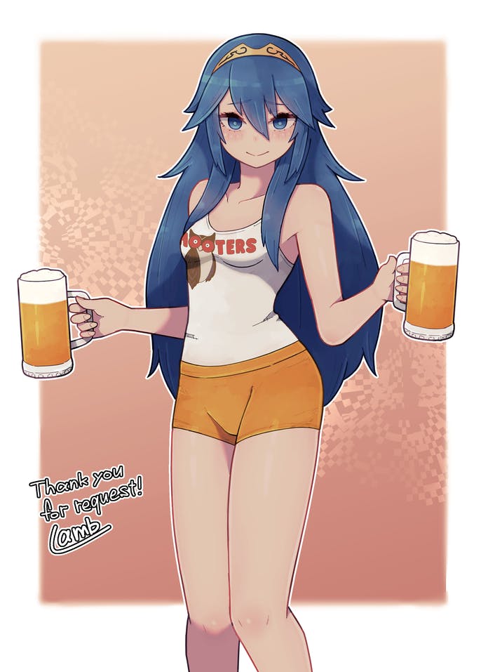 1girl alcohol alternate_costume beer blue_eyes blue_hair breasts choker closed_mouth commission fire_emblem fire_emblem_awakening hair_between_eyes hairband holding hooters lamb-oic029 long_hair looking_at_viewer lucina_(fire_emblem) orange_shorts shirt short_shorts shorts signature skeb_commission small_breasts smile solo standing tankard waitress white_choker white_shirt