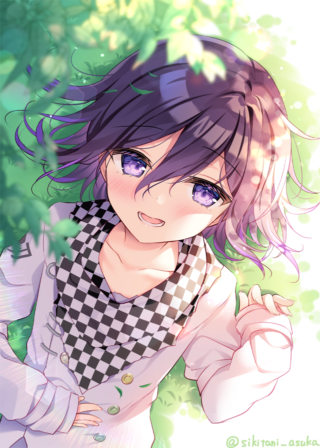 1boy :d bangs blurry blurry_foreground blush checkered collarbone commentary_request danganronpa_(series) danganronpa_v3:_killing_harmony depth_of_field hair_between_eyes hand_up long_sleeves looking_at_viewer lying male_focus on_back on_grass ouma_kokichi purple_eyes purple_hair shikitani_asuka shirt sleeves_past_wrists smile solo twitter_username upper_body white_shirt