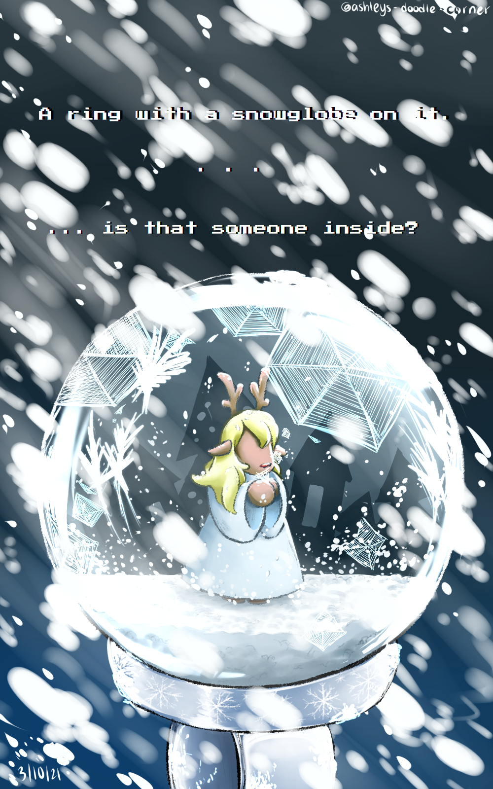 2021 angelic anthro antlers blizzard_(weather) blonde_hair building capreoline cervid clothing deltarune eyeless female figurine hair hands_together hazelsummers99 hi_res horn ice long_hair mammal metaphor noelle_holiday praying red_nose reindeer ring_(jewelry) robe silhouette snow snow_globe snowgrave solo text trapped undertale_(series) url video_games visual_metaphor white_robe