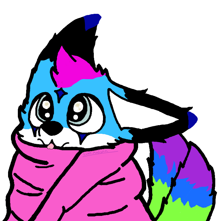 anthro bedding blanket blep blue_body blue_fur blue_markings bright_colors bright_eyes canid canine clothing cuddling cute_eyes emoji emote emoticon female fox fur fur_markings hair looking_aside luni_malynn mammal markings multicolored_body multicolored_fur multicolored_tail pink_blanket pink_clothing pink_hair rainbow_body rainbow_fur rainbow_tail short short_stack silver_eyes size_difference smaller_female solo sparkling_eyes tongue tongue_out