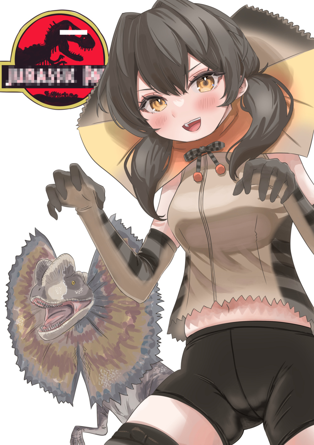 1girl animal_print bangs bar_censor bike_shorts blush brown_hair censored claw_pose commentary_request copyright_name cowboy_shot crossover crotch_seam dilophosaurus dinosaur elbow_gloves frilled_lizard_(kemono_friends) gloves hair_between_eyes hands_up highres jurassic_park kemono_friends long_hair looking_at_viewer midriff_peek miyuma mosaic_censoring navel neck_ribbon open_mouth parted_bangs print_gloves print_shirt ribbon shirt shorts simple_background skindentation sleeveless sleeveless_shirt smile stomach thighhighs trait_connection twintails v-shaped_eyebrows white_background yellow_eyes zipper