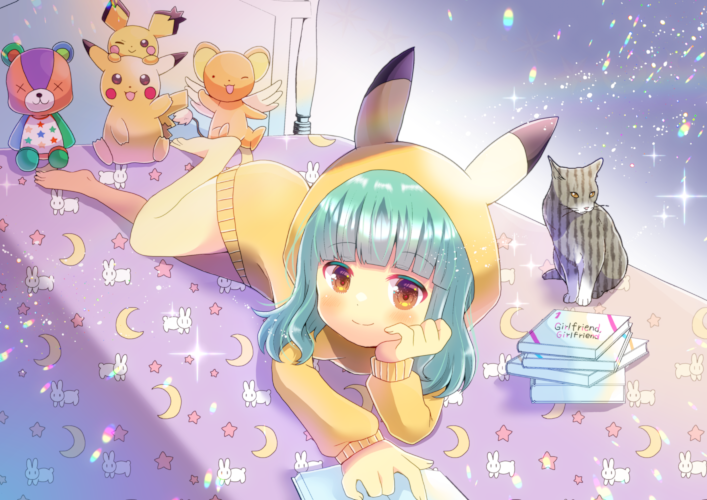 1girl animal bangs barefoot blunt_bangs brown_eyes cardcaptor_sakura cat closed_mouth commentary_request commission copyright_request cosplay crescent_print green_hair hood hood_up kero kou_hiyoyo long_sleeves looking_at_viewer on_bed pichu pikachu pikachu_(cosplay) pokemon skeb_commission sleeves_past_wrists smile solo star_(symbol) star_print stuffed_animal stuffed_toy teddy_bear