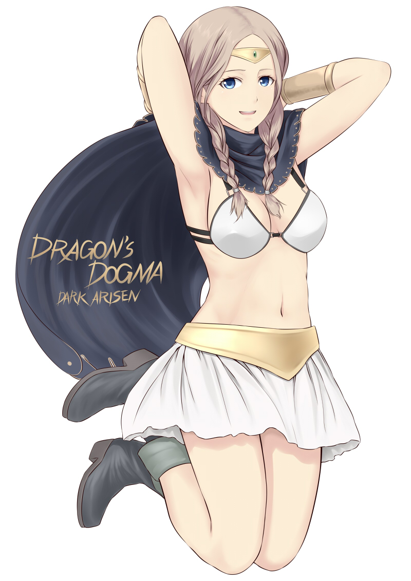 1girl armpits arms_up artist_request bangs bikini bikini_top_only black_cape black_footwear blonde_hair blue_eyes boots bracer braid breasts cape circlet cleavage copyright_name dragon's_dogma full_body long_hair looking_at_viewer medium_breasts miniskirt open_mouth parted_bangs pawn_(dragon's_dogma) simple_background skirt smile solo swimsuit teeth twin_braids white_background white_bikini white_skirt