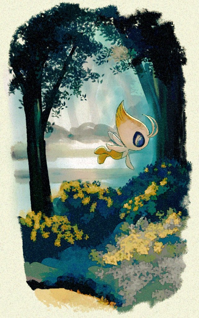 and03481251 animal_focus bush celebi closed_mouth commentary_request day fantasy faux_traditional_media flower flying gradient grass no_humans outdoors pokemon pokemon_(creature) scenery solo tree