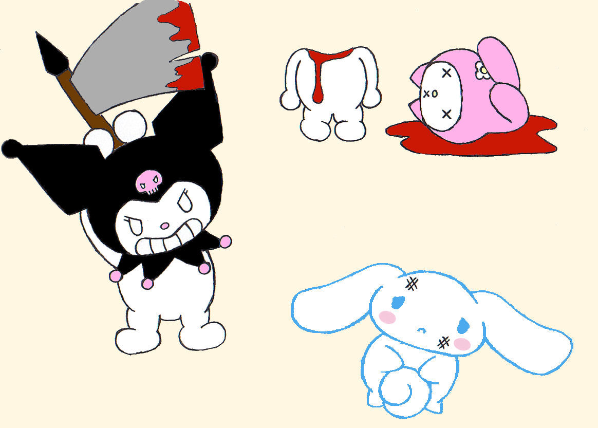 axe blood blood_on_ground blood_on_stomach bodily_fluids canid canine canis cinnamon_(cinnamoroll) cinnamoroll death domestic_dog female group kuromi kwhitebabe lagomorph leporid male mammal melee_weapon my_melody onegai_my_melody rabbit sanrio trio weapon