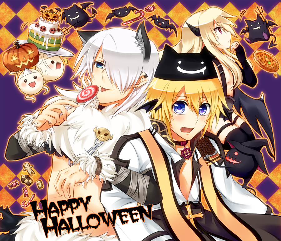 3boys animal_ears arch_bishop_(ragnarok_online) bangs bat black_gloves black_headwear black_horns black_jacket black_legwear black_shorts black_wings blonde_hair blue_eyes blush brown_coat cake candy candy_cane cat_ears chain checkerboard_cookie chocolate chocolate_bar choker closed_mouth coat commentary_request cookie cropped_jacket cross cross_earrings cross_necklace demon demon_boy demon_horns demon_wings deviruchi deviruchi_hat earrings fingerless_gloves food fur_collar ghost gingerbread_man gloves hair_between_eyes hair_over_one_eye halloween happy_halloween hat head_wings horns incubus_(ragnarok_online) jack-o'-lantern jacket jewelry locked_arms lollipop long_hair long_sleeves looking_at_viewer lude_(ragnarok_online) multiple_boys necklace open_mouth oruserug pitchfork pumpkin pumpkin_pie quve_(ragnarok_online) ragnarok_online red_eyes shadow_chaser_(ragnarok_online) short_hair shorts shrug_(clothing) smile suspenders thighhighs tongue tongue_out topless_male triangular_headpiece upper_body white_hair white_jacket wings wrapped_candy