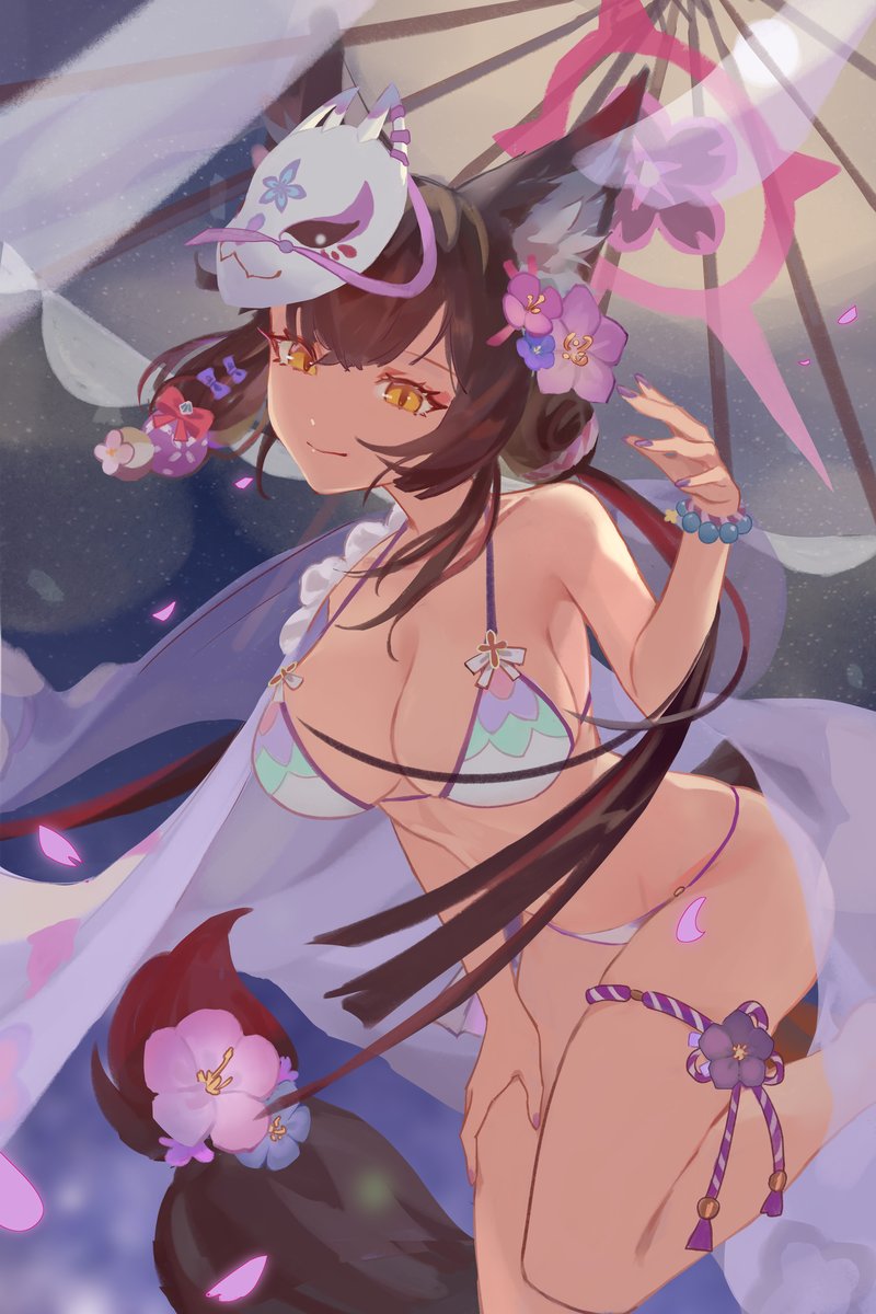 1girl animal_ears bangs bare_shoulders bead_bracelet beads bikini blue_archive bracelet breasts brown_hair cherry_blossoms cleavage closed_mouth colored_inner_hair feet_out_of_frame flower fox_ears fox_girl fox_mask fox_tail hair_flower hair_ornament halo halter_top halterneck hand_on_own_thigh highres jewelry large_breasts long_hair mask mask_on_head multicolored_hair oil-paper_umbrella petals slit_pupils smile solo string_bikini swimsuit tail towel umbrella vogel wakamo_(blue_archive) wakamo_(swimsuit)_(blue_archive) yellow_eyes