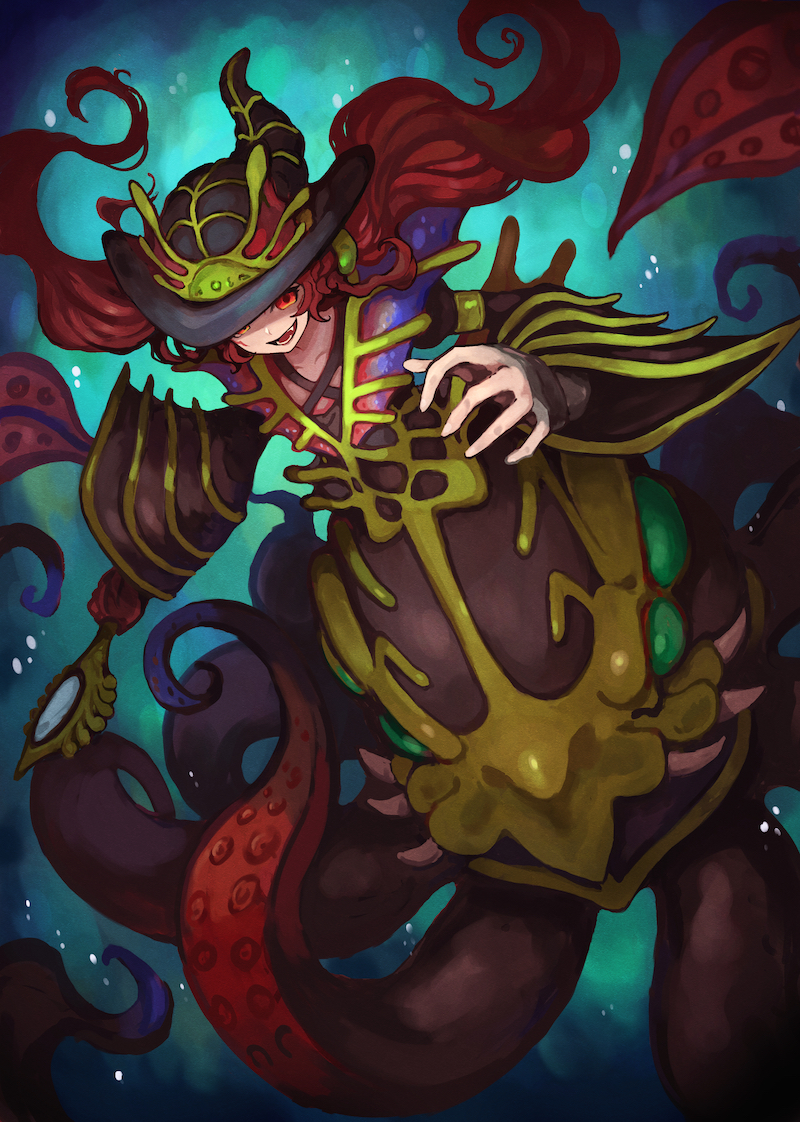 1girl collarbone duel_monster evigishki_gustkraken gloves hand_up hat holding holding_staff ishii_(young-moon) long_hair long_sleeves monster_girl open_mouth red_eyes red_hair scylla single_glove solo staff tentacle_girl tentacles underwater wide_sleeves witch_hat yu-gi-oh!