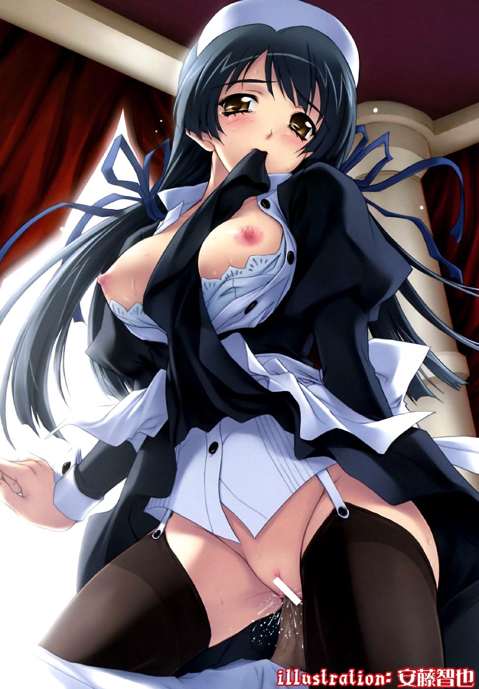 andou_tomoya artist_name black_hair blush breasts breasts_outside brown_eyes censored garter_straps hair_ribbon highres large_breasts long_hair maid mouth_hold nipples open_clothes open_shirt original penis pussy pussy_juice ribbon scan sex shirt solo_focus thighhighs vaginal