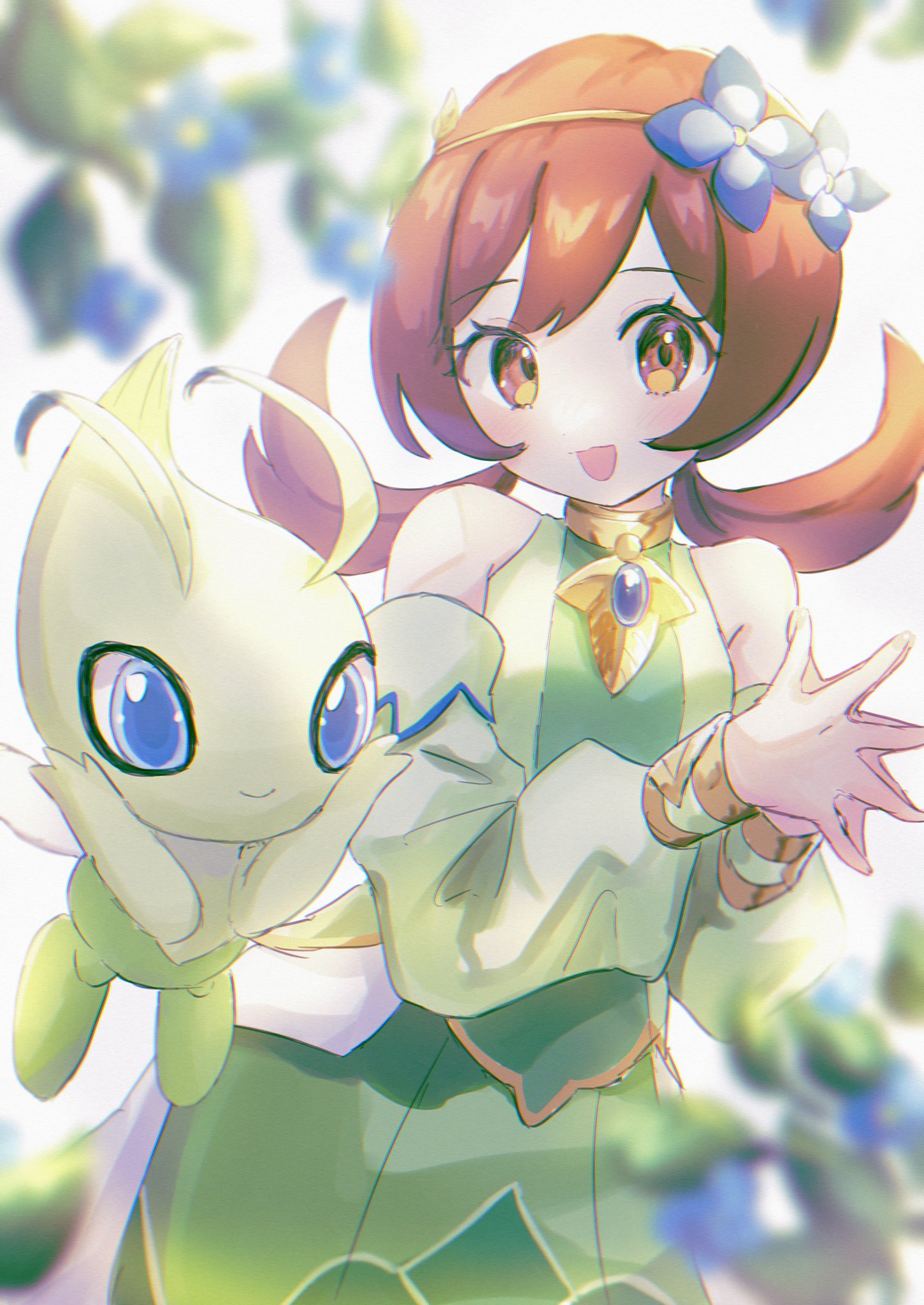 1girl :d bangs bare_shoulders blue_flower blurry brown_eyes brown_hair celebi commentary_request detached_sleeves eyelashes flower green_shirt green_skirt hair_flower hair_ornament hairband happy highres long_hair looking_at_viewer lyra_(pokemon) mcmcusg official_alternate_costume open_mouth own_hands_together pokemon pokemon_(creature) pokemon_(game) pokemon_masters_ex shirt skirt sleeveless sleeveless_shirt smile twintails yellow_hairband