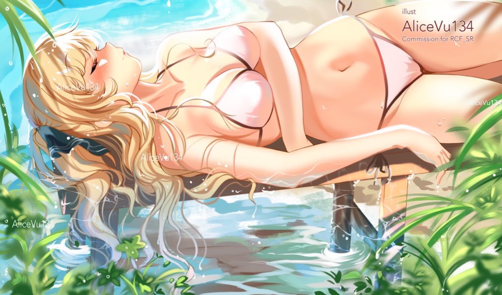 1girl alice_vu ao_no_kanata_no_four_rhythm arm_across_chest artist_name bangs bikini black_ribbon blonde_hair blush breasts cleavage closed_eyes commission hair_ornament large_breasts long_hair lying navel on_back pink_bikini plant ribbon satouin_reiko side-tie_bikini solo sunbathing swimsuit two_side_up water watermark