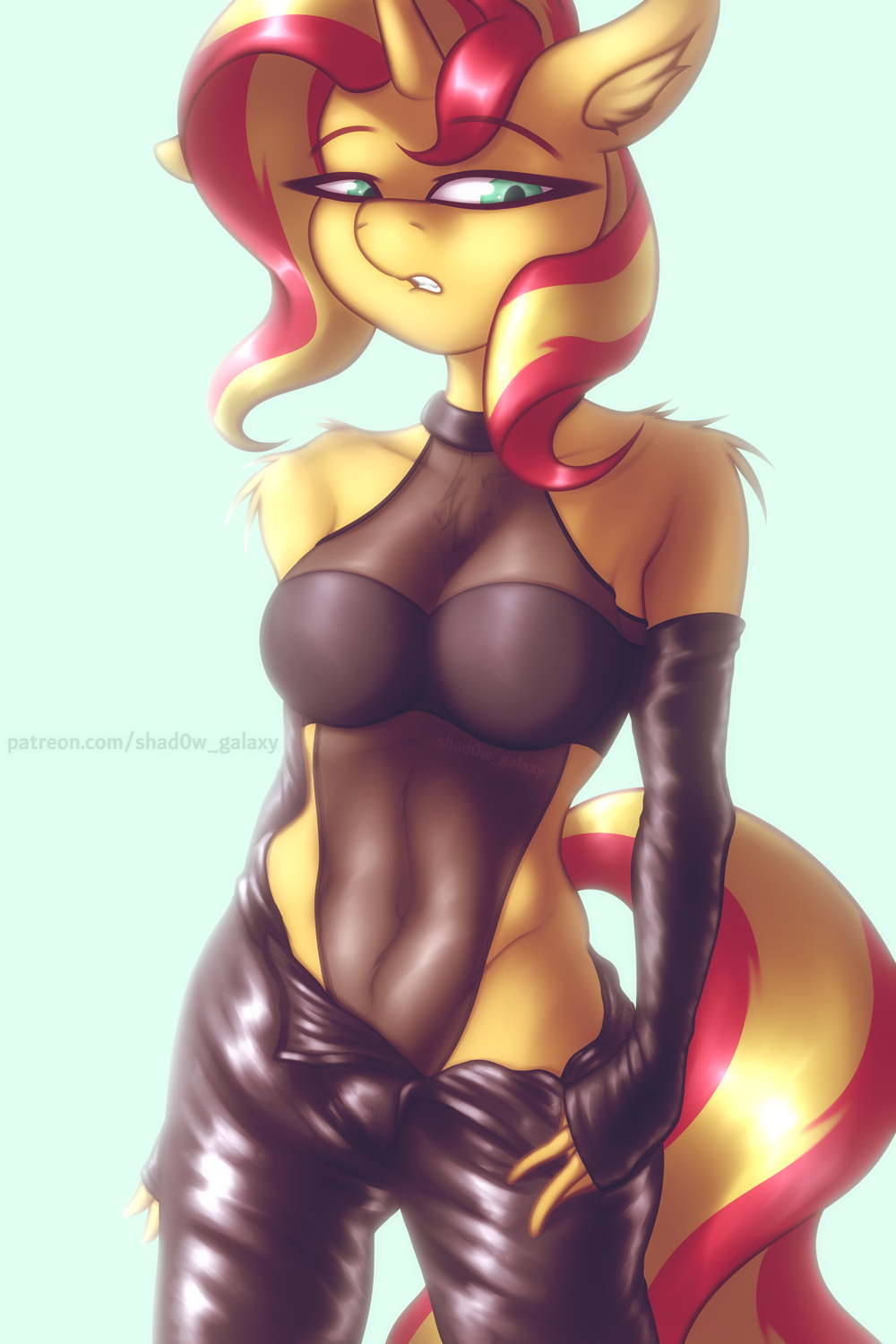 animal_humanoid anthro big_breasts bottomwear bra breasts choker clothing digital_media_(artwork) equestria_girls equid equid_humanoid equine equine_humanoid female fluffy friendship_is_magic fur gloves hair handwear hasbro hi_res horn horse humanoid jewelry latex mammal mammal_humanoid multicolored_hair my_little_pony navel necklace pants patreon pony shad0w-galaxy simple_background solo sunset_shimmer_(eg) two_tone_hair underwear unicorn