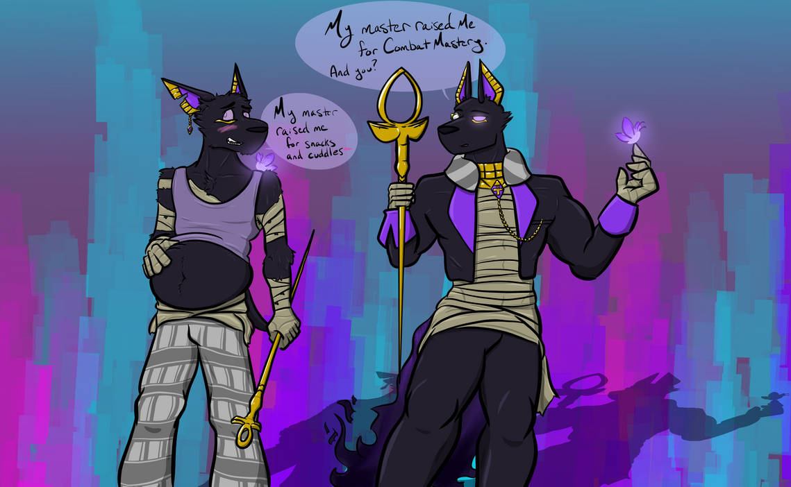 anthro anubian_jackal anubis arthropod bandaged_arm bandaged_chest bandaged_hand blush butterfly canid canine canis clothing colorful colorful_background deity dislyte drew_(dislyte) duo egyptian_mythology eyewear insect jackal lepidopteran male mammal melee_weapon middle_eastern_mythology monocle mythology overweight pillowwizard purple_eyes shadow shirt speech_bubble suit sword tank_top topwear weapon