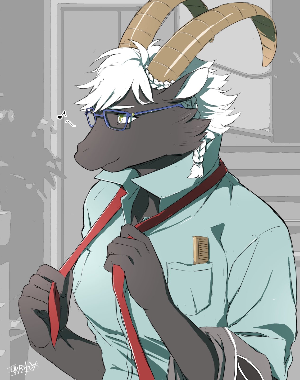 anthro black_body black_fur bovid caprine clothing dress_shirt eyewear fur glasses goat hair hi_res hijirinoyuta horn lifewonders male mammal muscular muscular_anthro necktie pecs shirt solo tanngrisnir_(tas) tokyo_afterschool_summoners topwear video_games white_hair