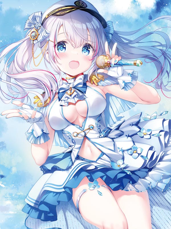 1girl bare_shoulders blue_bow blue_dress blue_eyes blue_gloves blue_hair blue_nails blue_sky blush bow breasts cleavage cloud cowboy_shot day dress fingerless_gloves frilled_dress frills gloves hair_between_eyes hair_bow hair_ornament hat holding holding_microphone idol kimishima_ao long_hair looking_at_viewer medium_breasts microphone midriff multicolored_hair music nail_polish navel open_mouth original red_hair singing sky sleeveless sleeveless_dress smile solo striped striped_bow thigh_strap twintails very_long_hair white_hair white_headwear