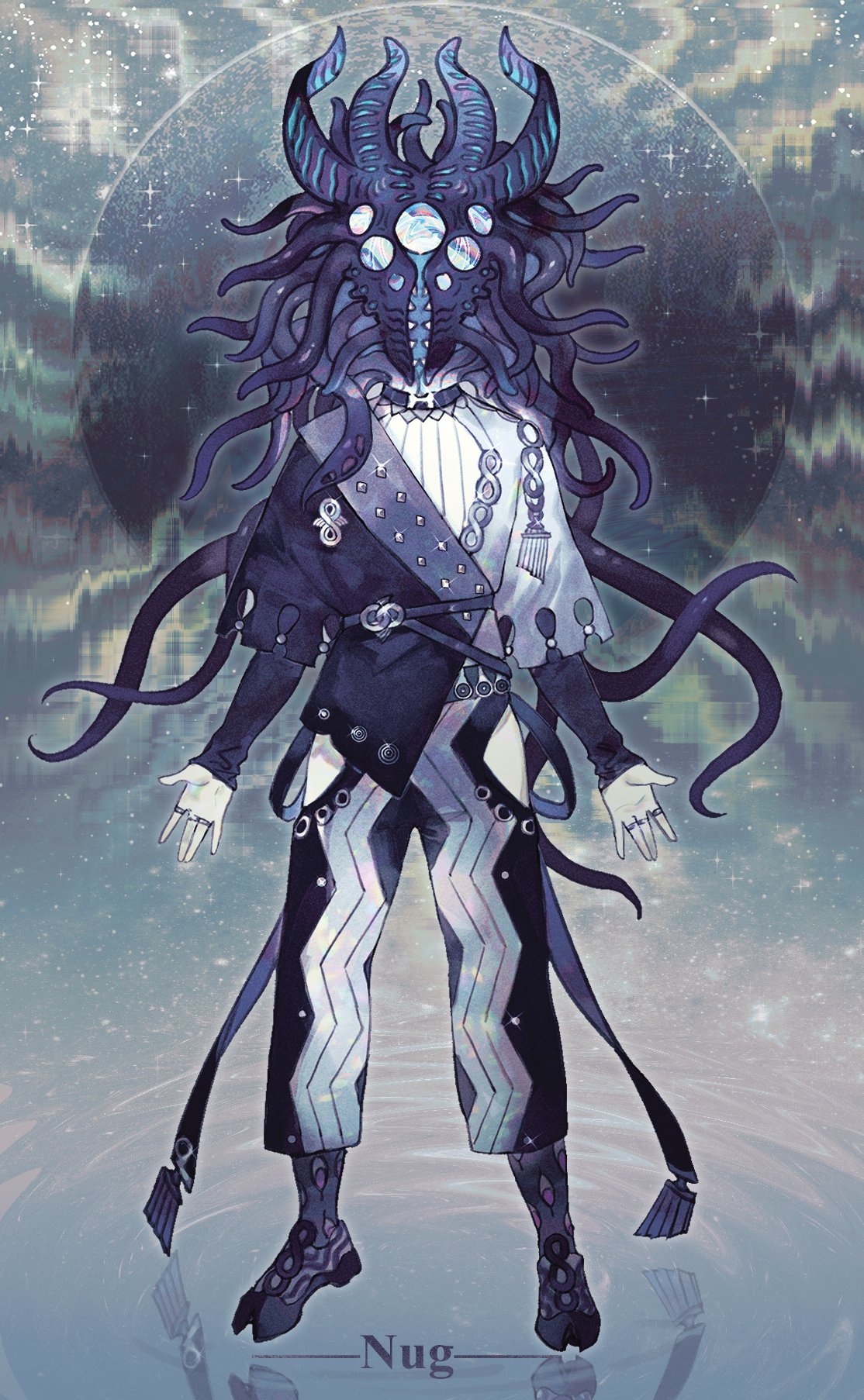 1boy animal_head arms_at_sides asymmetrical_clothes belt character_name circle cthulhu_mythos extra_eyes floating full_body haiyahaiyohai highres horns jewelry layered_sleeves long_sleeves male_focus monster_boy multiple_horns multiple_rings nug_(cthulhu_mythos) o-ring pants reflection ring ripples sharp_teeth shirt shoes short_over_long_sleeves short_sleeves solo space standing star_(sky) teeth tentacle_hair tentacles water
