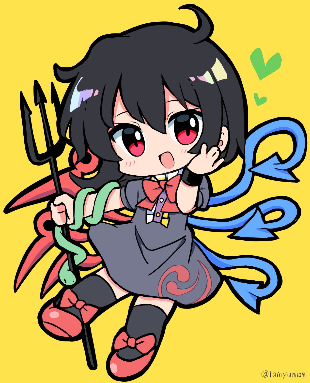 1girl :d ahoge asymmetrical_wings bangs black_dress black_hair black_legwear blue_wings bow bowtie center_frills chibi dress footwear_bow frills full_body heart highres houjuu_nue looking_at_viewer nue_day open_mouth polearm ramudia_(lamyun) red_bow red_bowtie red_eyes red_footwear red_wings short_hair simple_background smile snake_armband solo touhou trident twitter_username weapon wings wristband yellow_background